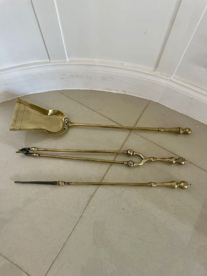 Antique Set of Three Victorian Quality Brass Fire Irons